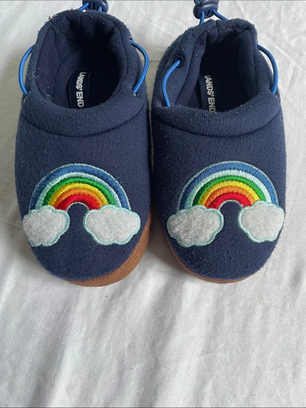 LANDS END Slippers Fleece Rainbow Blue Winter Cozy House Shoes